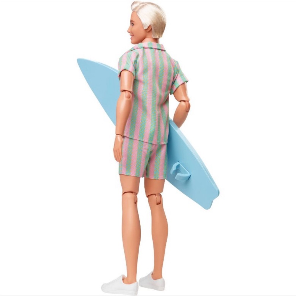 Barbie the Movie Ken Doll Wearing Pastel Striped Beach Matching Set Surfer Ken - Picture 3 of 5